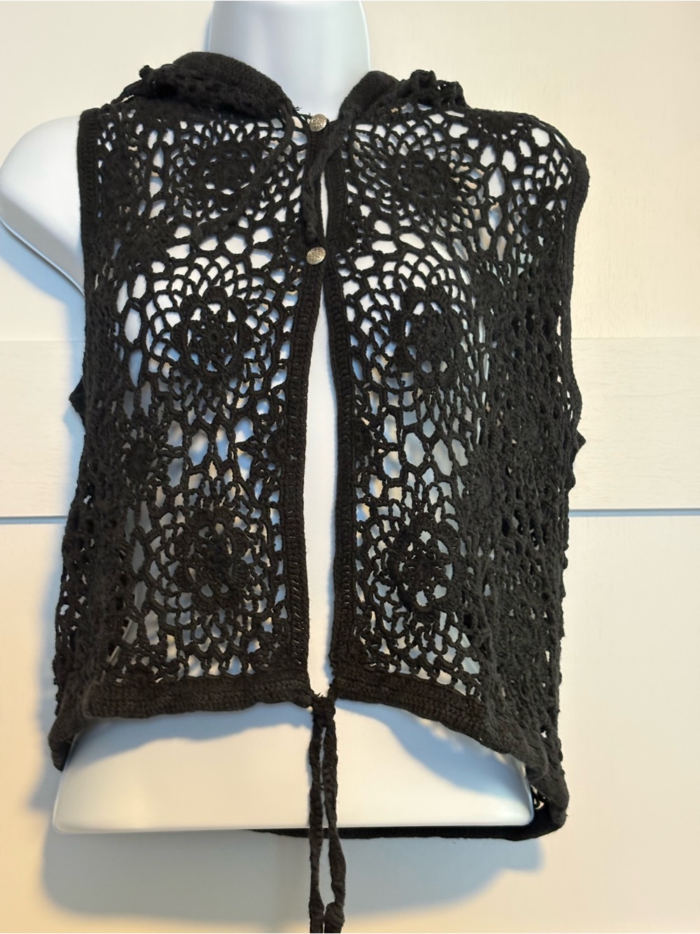 Black Crochet Hooded Vest with Tie Front